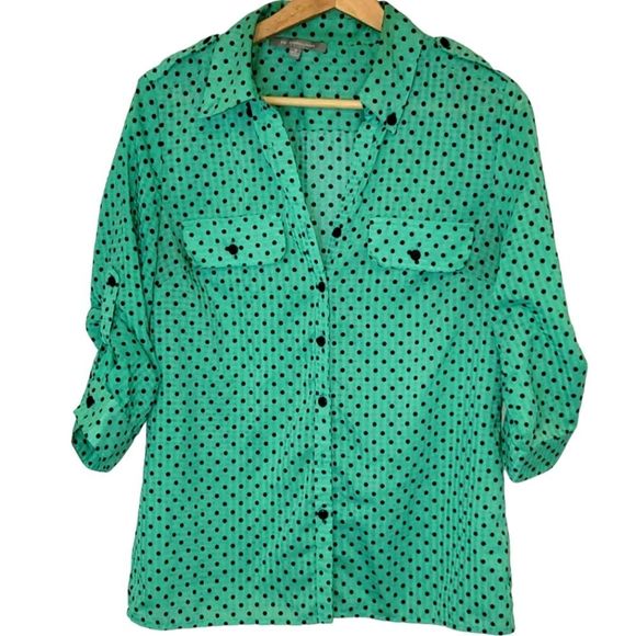 NY Collection Tops - Women's NY Collection Green and Black Polka Dot Blouse Size Small